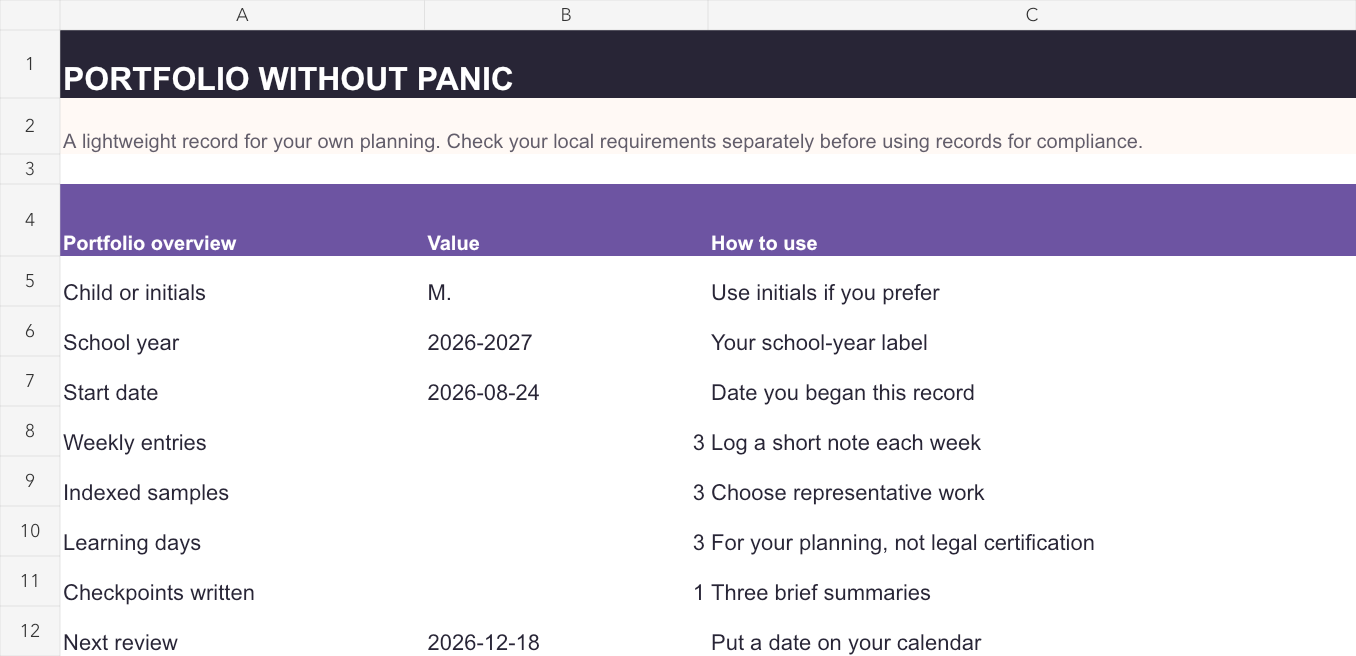 Example homeschool portfolio overview with weekly notes and selected samples